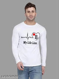 White printed full sleeve t-shirt, polyester, long sleeves, KITTO Fashion branded apparel on hanger