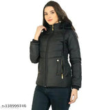 Solid black puffer jacket with zipper, girls' winter fashion