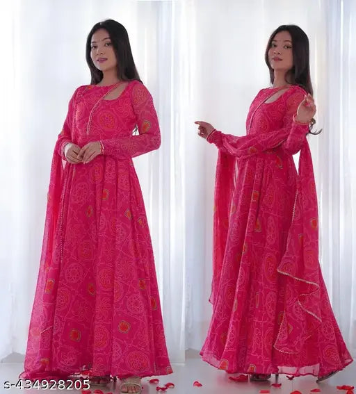 Women's bandhani printed Georgette kurti pant set and dupatta, long sleeves, size S-XXL, vibrant Indian traditional print