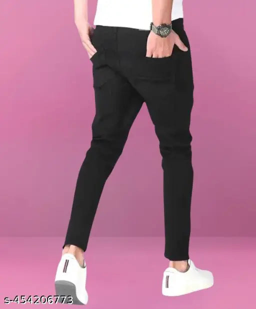 Black denim knee-cut jeans, Rusticblooms comfortable slim fit, mid-rise design for men and boys. Sleek black color for versatile casual or party wear. Size 26/28/30/32 (waist: 26in/28in/30in/32in, hip: 28in/30in/32in/34in, length: 39in). Made in India