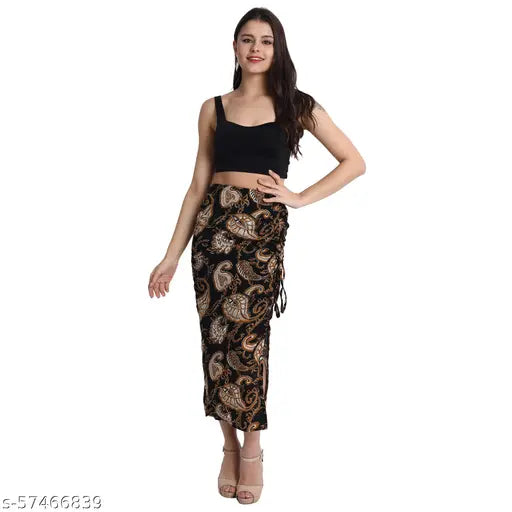 Black crepe printed net one-side ruched skirt with zip and slit, available in sizes 28, 30, 32, 34
