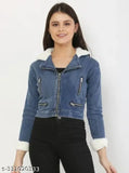 Blue denim fur multi-zip jacket for women, solid pattern, XS (bust 32in, length 24in), front zip, collar with white soft fur, 4-pocket design from India