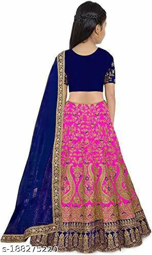 Red, blue, pink, and yellow designer silk lehenga choli for girls aged 12 years, with soft embroidery and various color options including white, green. Indian ethnic wear for fancy e-weddings