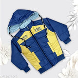 Blue and yellow boys jacket, zippered front, hood