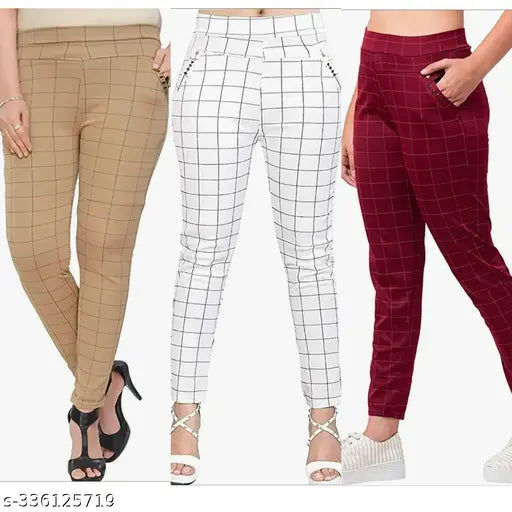 Brown-White-Marron Lycra checkered jeggings combo pack for women elevating workwear with subtle sophistication and practical pockets