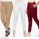 Brown-White-Marron Lycra checkered jeggings combo pack for women elevating workwear with subtle sophistication and practical pockets