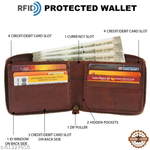 Brown Kulit leather unisex zipper wallet with RFID blocking - 2 compartments, textured design, free size (11x9 cm)