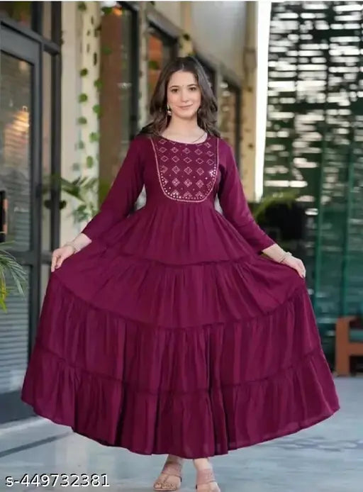 Rayon embroidered gown, single color, zari woven, three-quarter sleeves, size S to 3XXL, women's formal wear on hanger, India origin