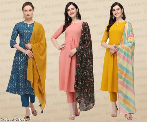 Crepe foil printed 3pc set with Georgette chiffon dupatta for office, festive, casual wear. Set includes Kurta, bottomwear, and dupatta. S-XXL sizes available