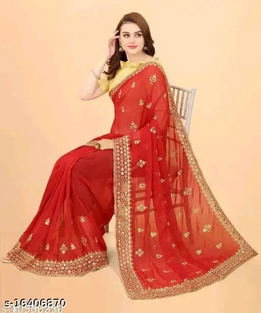 Red mirror work saree