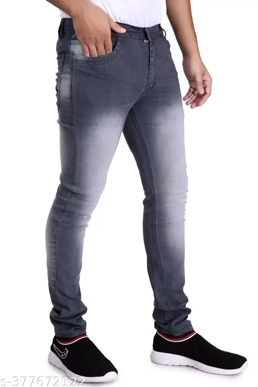 Grey denim men's casual jeans, stylish and durable with multiple pockets, size 28, 30, or 32 (India)