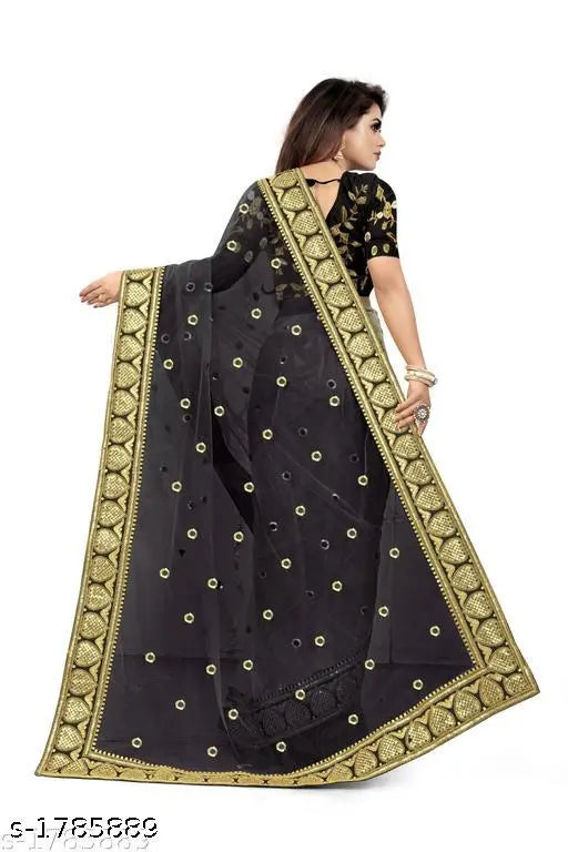 Dark navy blue chiffon saree with black embellishments