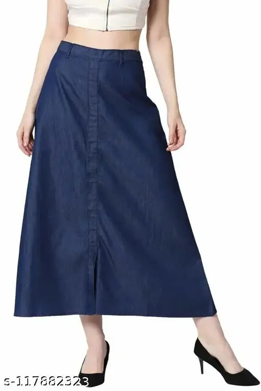 Blue denim women's long skirt, casual western style, perfect for all seasons and occasions. High-quality denim fabric, flattering length of 34 inches, suitable for sizes 26 to 44. Made in India