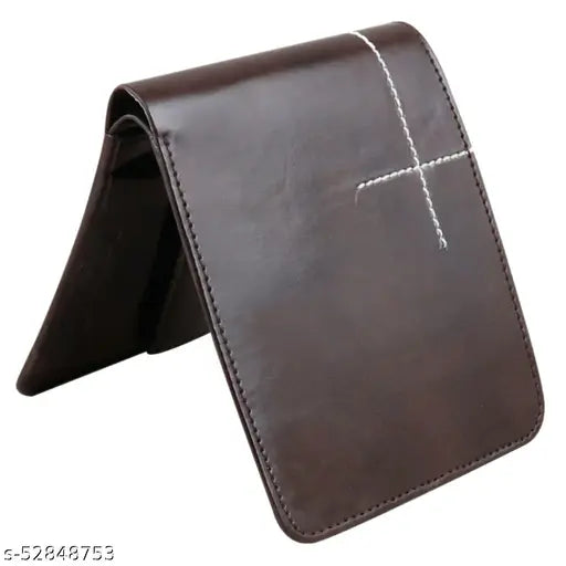 Brown PU artificial leather men's casual formal wallet, features 3 card slots, 2 photo containers, 2 cash compartments, and 1 coin pouch from SONRISA. Free size (L: 11cm, W: 9cm)
