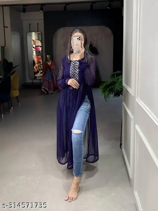 Georgette printed naira cut suit in long sleeves, casual western kurti for women (S-XXL)