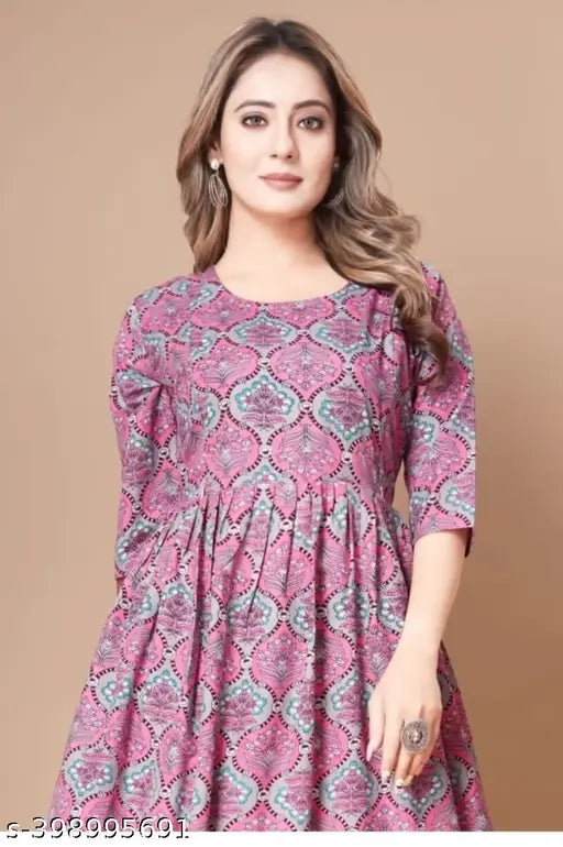 Pink paisley maternity kurta with flared sleeves and straight neckline