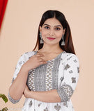 White rayon Anarkali border print kurti with tassels, three-quarter sleeves and polka dot design