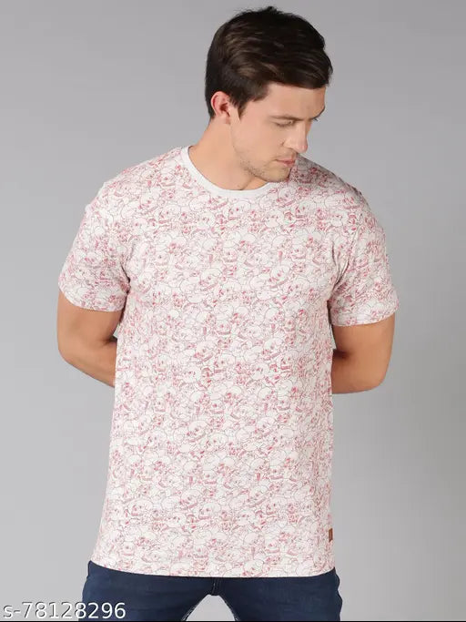 Pink cotton printed round men's t-shirt by UrGear, short sleeves, size S (38 in chest, 27 in length)