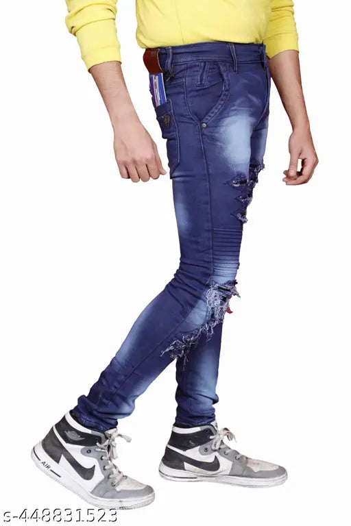 Men's fashion denim jeans with blue wash, zip fly, distressed knee design