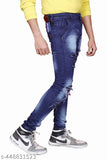 Men's fashion denim jeans with blue wash, zip fly, distressed knee design