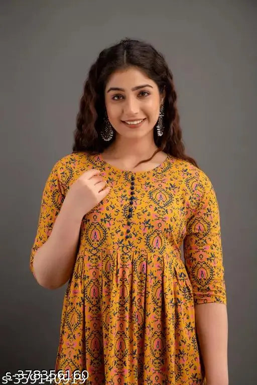 Women's rayon printed Anarkali kurtis with three-quarter sleeves, vibrant Indian print design, available in multiple sizes