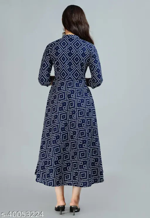 Demirner blue bandhani print cotton anarkali kurta with three-quarter sleeves, soft and comfortable Indian women's festive wear