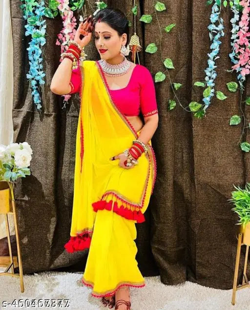 Lemon yellow Georgette saree by Krish Fashion for special occasions, free size with separate Bangalori silk blouse, ideal for celebrations and parties