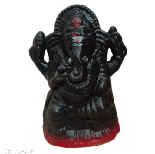 Black ceramic Ganesh Idol, handcrafted in India, measures 8cm x 6cm x 12.5cm, perfect for pooja room, office, or gift, ideal for traditional occasions like Vinayagar Chaturthi