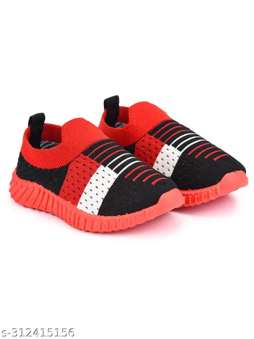 Kids sports shoes, black and red with white stripes