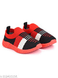 Kids sports shoes, black and red with white stripes
