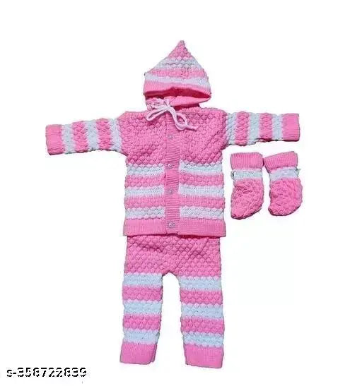 Pink and white woolen kids' sweater set (0-9 months), featuring embroidered net pattern with attachable cap, pajama, and socks. Warm winter wear from India