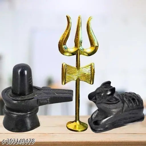 Black marble ELITETOUCH Shivling with Nandi Idol & Trishul, Indian handcrafted statue on display