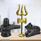 Black marble ELITETOUCH Shivling with Nandi Idol & Trishul, Indian handcrafted statue on display