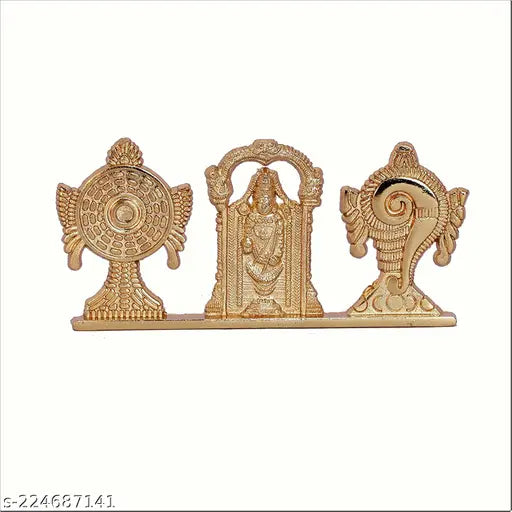 Antique gold-plated Tirupati Balaji symbol stand with Shankh Chakra and statue, Indian decorative figurine for car dashboard or home/office table showpiece (11cm x 5cm)