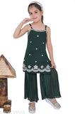 Sequinned chiffon ethnic Kurti plazzo set for kids, embroidered A-line design, adjustable and easy to wash. Sizes: 2-3 Years (18in top, 20in bottom), 3-4 Years (18in top, 18in bottom), etc., up to 10-11 Years. Made in India