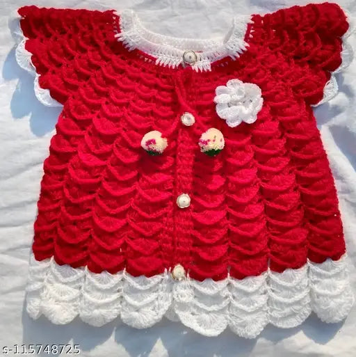 Handmade red woolen frock-cum-sweater for baby girls, solid pattern, short sleeves, warm and cozy winter wear