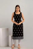 Rainy Rose paisley printed rayon sleeveless kurta for women, vibrant Indian fashion on mannequin