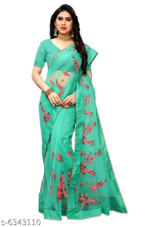 Soft net Bollywood designed floral embroidered Moti Lace saree with unstitched silk blouse piece, free size, India