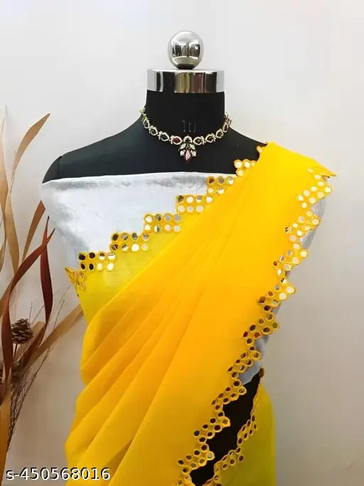 Mint green Georgette cut mirror work saree with separate blouse, daily wear style from new collection, India origin