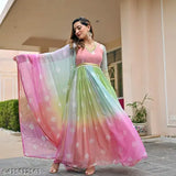 Women's Georgette sari with dupatta, dyed/washed net, long sleeves, S-XXXL sizes available