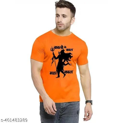Orange polyester printed half-sleeve Mahakal Kalo Ke Kal t-shirt for men on display