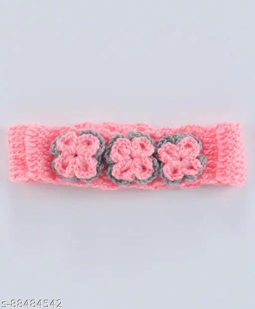 Floral crochet knitted top, pink hairband, matching booties