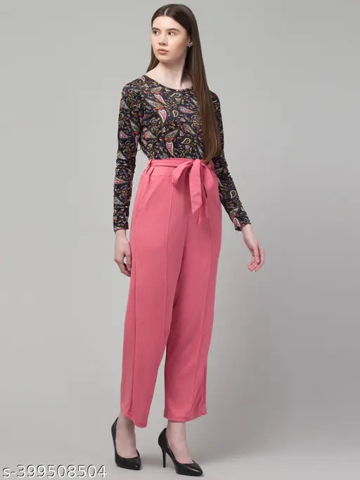 Viscose printed jumpsuit for women, solid sleeves, vibrant colors, adjustable fit, suitable for casual or office wear, Indian origin