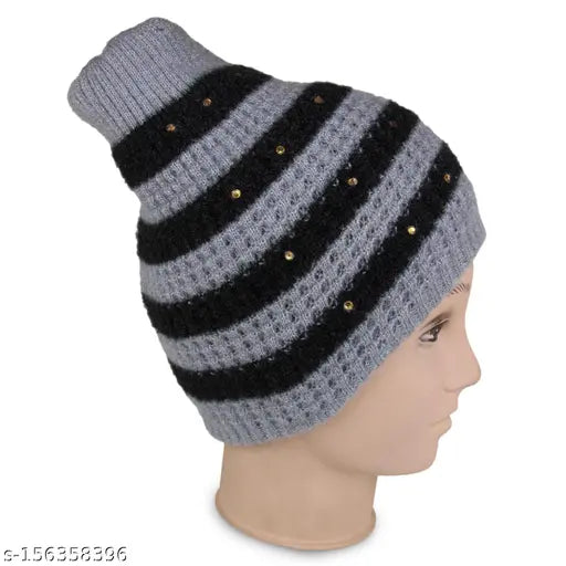 Grey/Black striped woolen beanie cap for men & women, proudly made in India by Neska Moda
