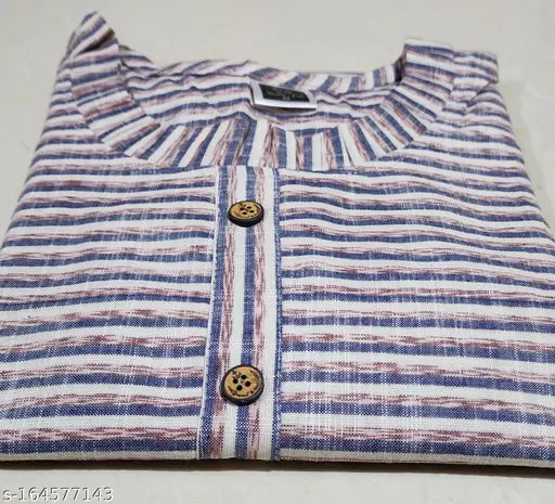 Blue and white striped cotton kurti, long sleeves, front button closure