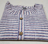 Blue and white striped cotton kurti, long sleeves, front button closure