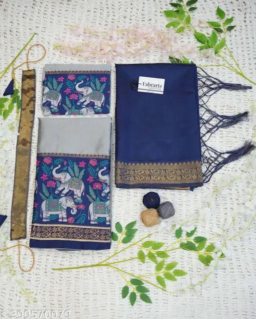 South Indian Style Unstitched Half Saree in Art Silk, solid pattern with Litchi Silk zari work. Set includes choli and dupatta, both unstitched, with lengths 3.75m (Lehenga) and 0.8m (Blouse), and 2.4m for the Dupatta. Includes tussles on both sides and a beautiful belt. Indian-made, ready to ship