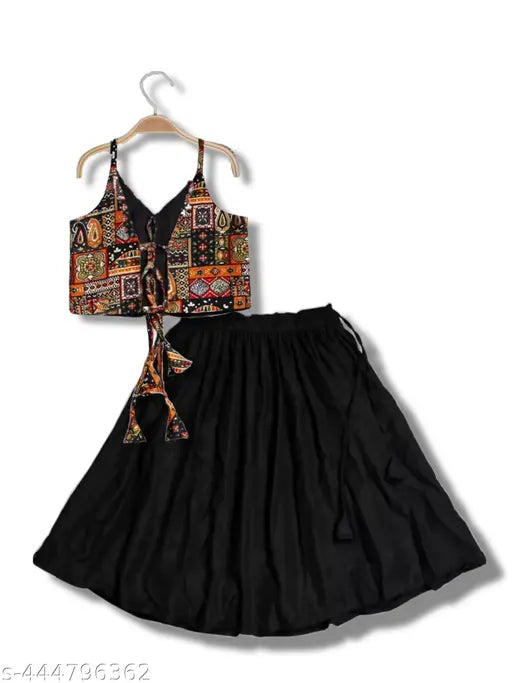 Stylish ethnic wear set: Rayon lehenga with satin choli and dupatta, embroidered sleeveless top, solid pattern, sizes range from 1-2 years to 7-8 years, Indian origin
