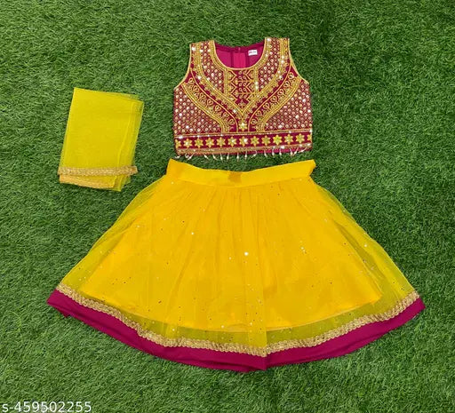 Embroidered semi-stitched kids lehenga choli in net fabric, suitable for 12-18 months to 2-3 years, Indian origin