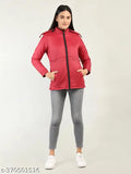 Solid red polyester jacket, long sleeves, XL (38in bust, 27in length), Chkokko women's winter puffer jacket with pastel aesthetic, India origin